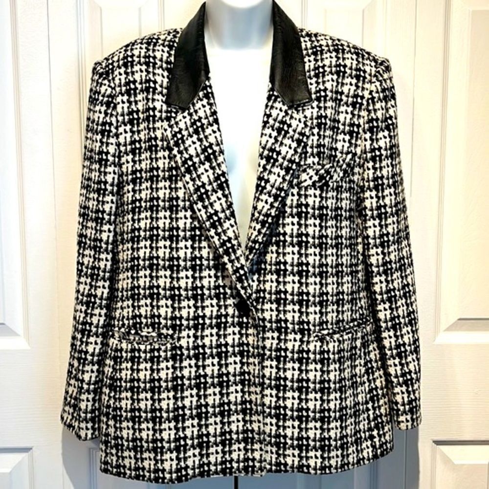 Sterling Stall Sport Wool Blend Leather Collar Black/White‎ Blazer Size 14P
